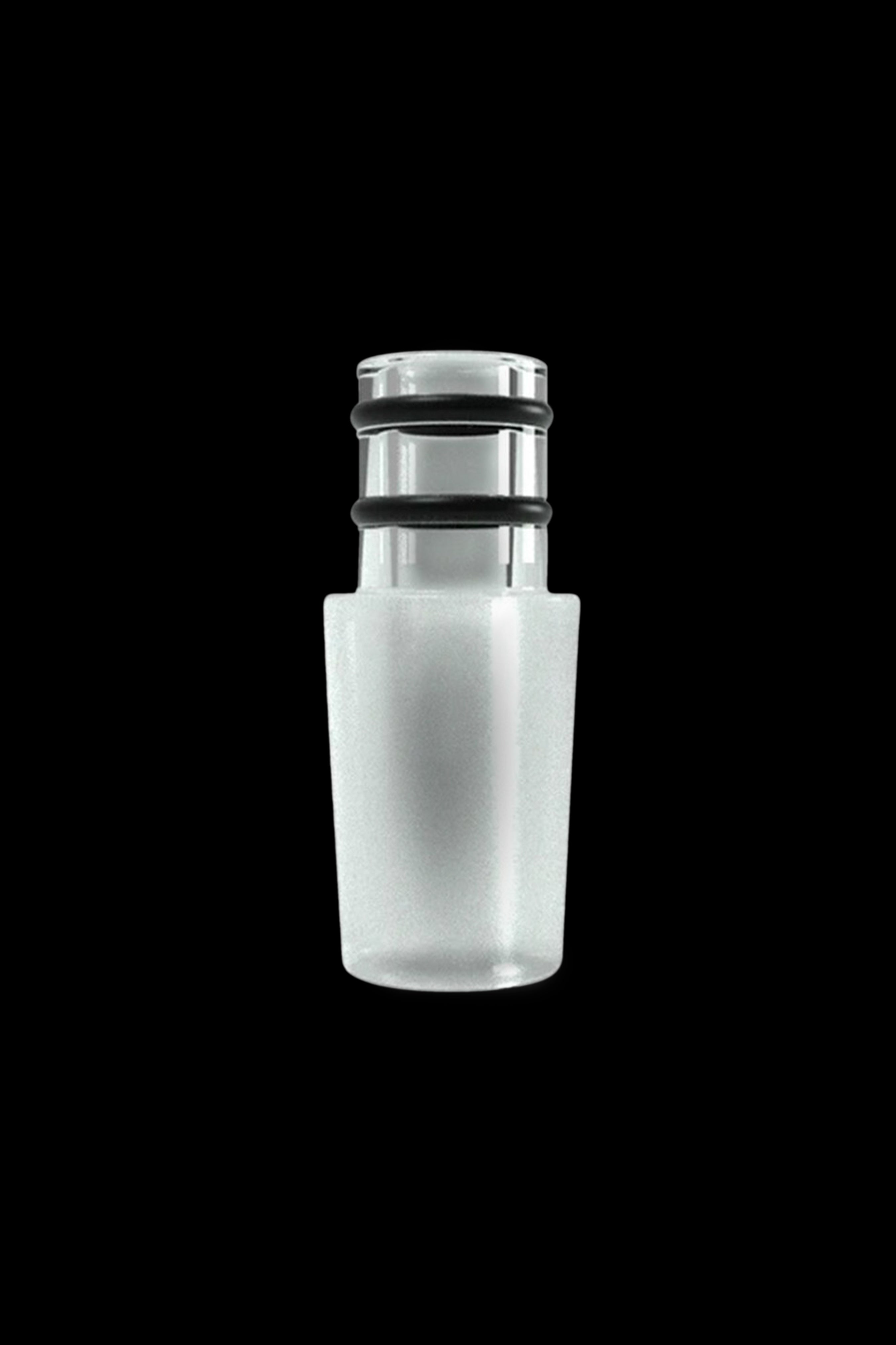 Clear glass dab nail with black silicone inserts, isolated on black.