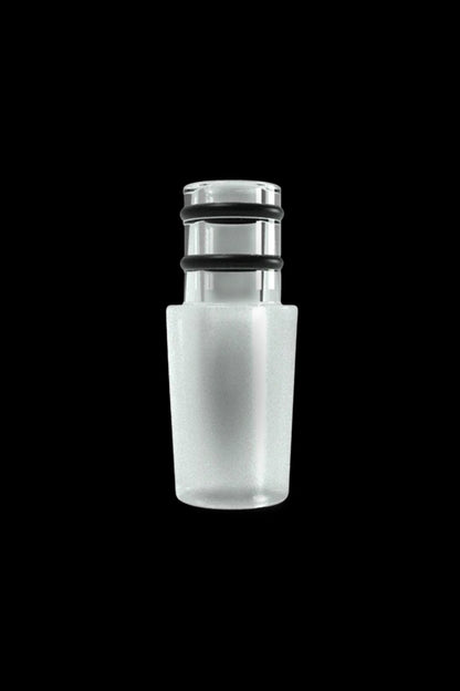 Clear glass dab nail with black silicone inserts, isolated on black.