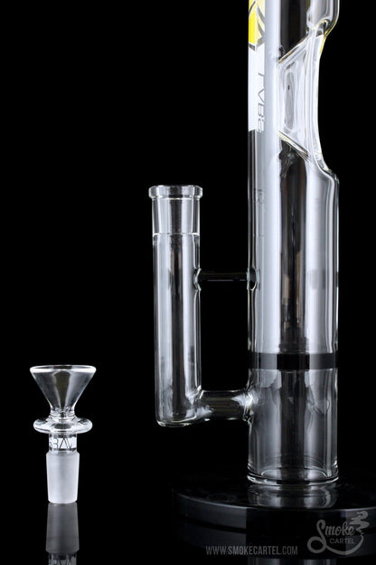 A studio shot of the GRAV® Medium 12 Inch Straight Tube with Honeycomb Perc, displaying its clear glass construction and sleek black accents.
