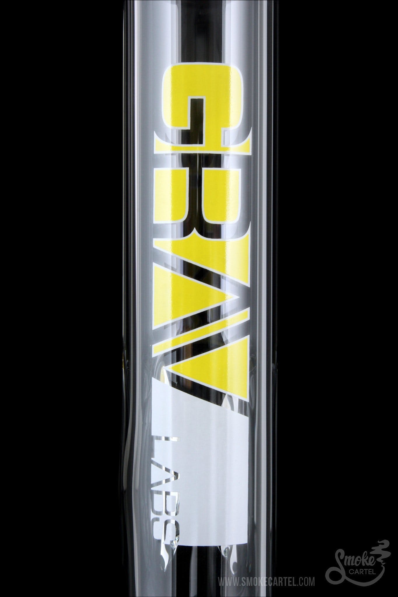 Front view of the GRAV® Medium 12 Inch Straight Tube with black accents, showcasing the clear glass tube and its vertical design.