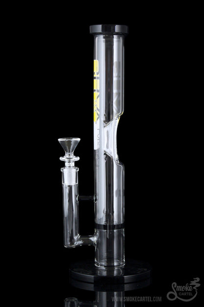 Front view of the GRAV® Medium 12 Inch Straight Tube, showing black accents and a clear glass construction in a studio setting.