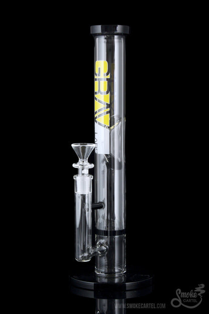 A straight-on view of the GRAV® Medium 12 Inch Straight Tube with black accents, showcasing its clear glass construction and simple cylindrical form.