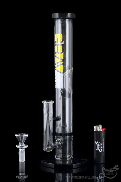A studio shot of the GRAV® Medium 12 Inch Straight Tube with black accents, displaying its height and cylindrical shape on a reflective surface.