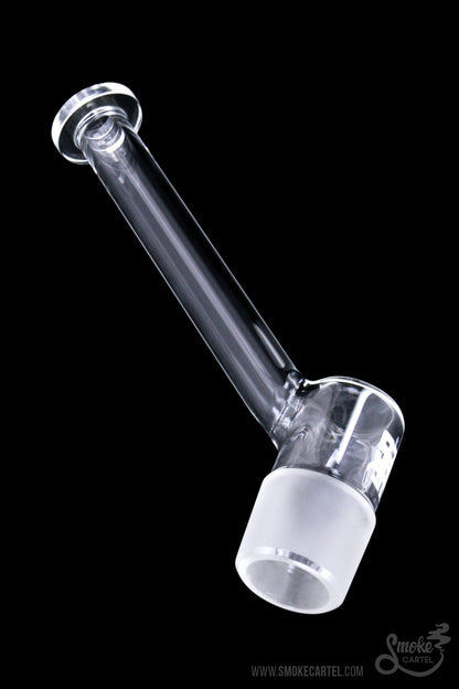 A close-up, angled view of the GRAV® STAX Angled Mouthpiece, displaying its clear glass construction and simple, streamlined design.
