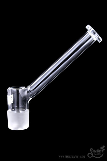A close-up, angled view of the GRAV® STAX Angled Mouthpiece, showcasing its clear glass construction and minimalist design.
