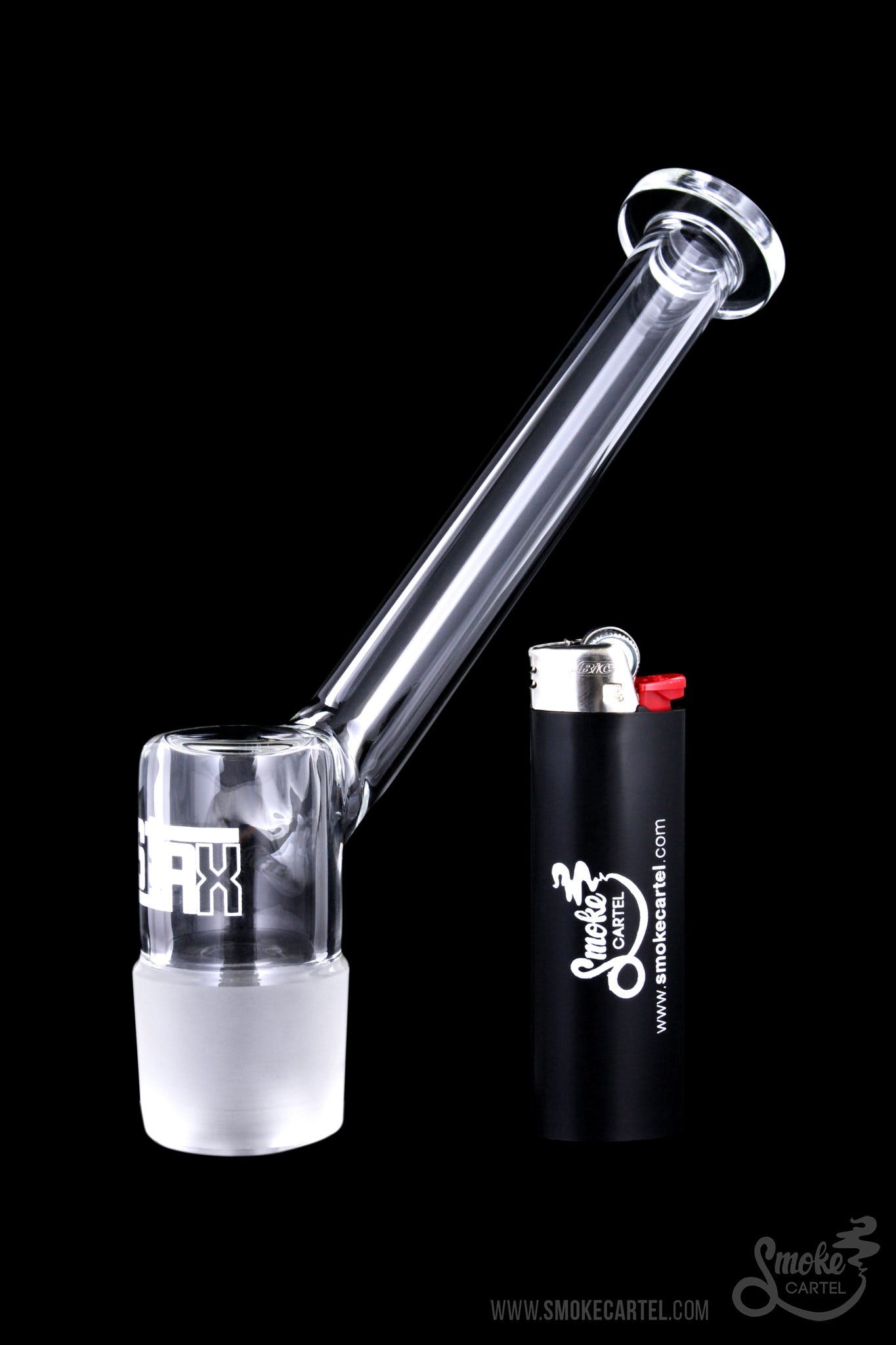 A side view of the GRAV® STAX Angled Mouthpiece, showcasing its clear glass construction and sleek, minimalist design.