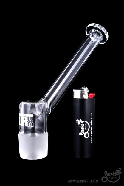 A side view of the GRAV® STAX Angled Mouthpiece, showcasing its clear glass construction and sleek, minimalist design.