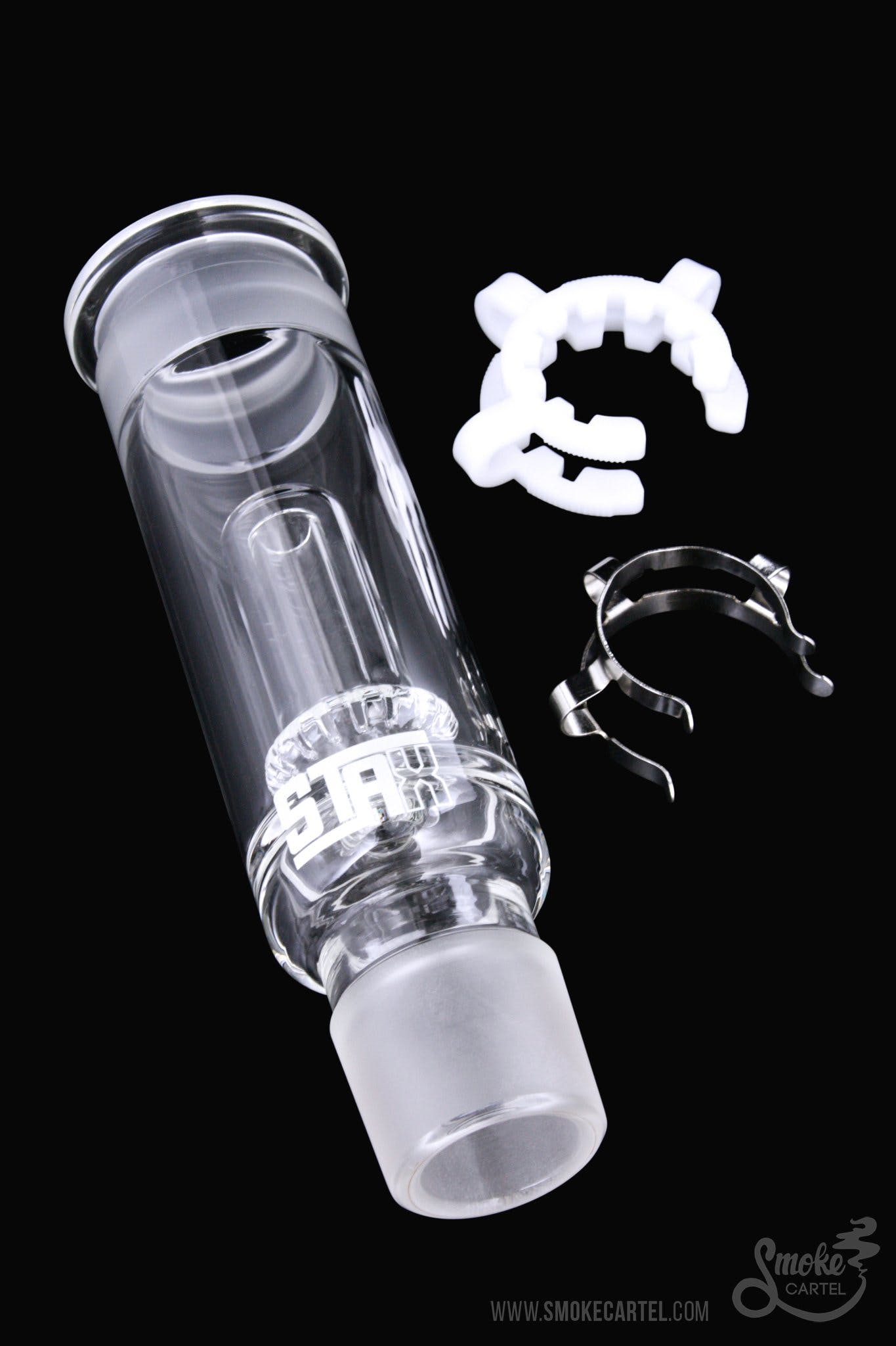 Front view of the GRAV® STAX Circle Perc, showcasing its clear glass construction and cylindrical form.