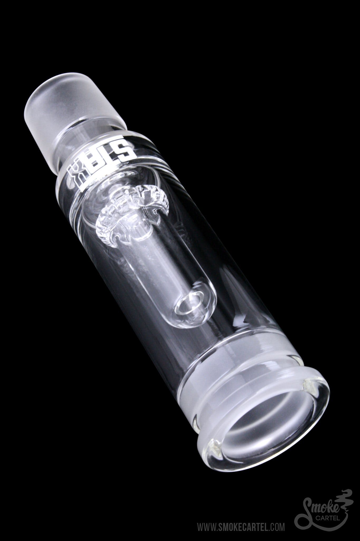 A three-quarter view of the GRAV® STAX Circle Perc, showing the clear glass perc with a smooth, rounded shape.