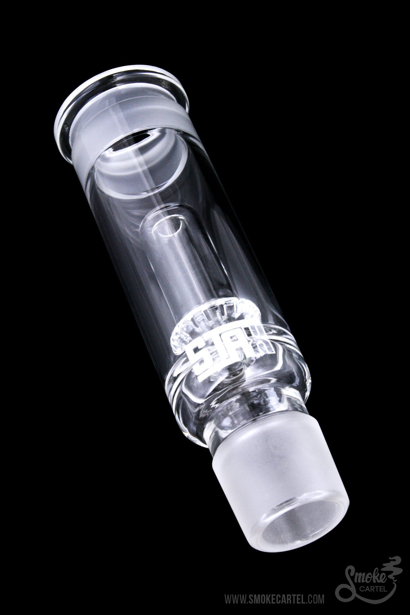 A diagonal view of the GRAV® STAX Circle Perc, showcasing its clear glass construction and cylindrical shape.