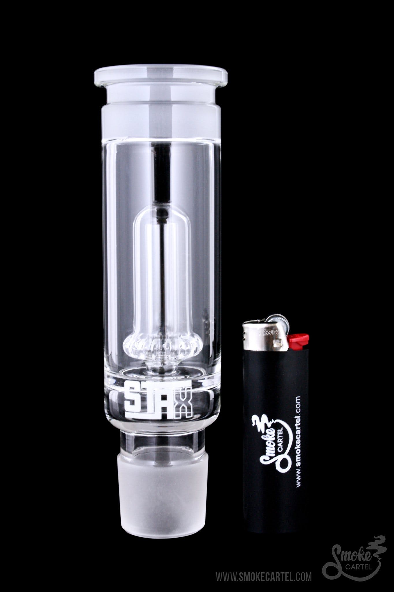 Front view of the GRAV® STAX Circle Perc, showing its clear glass construction and cylindrical shape with a textured grip.