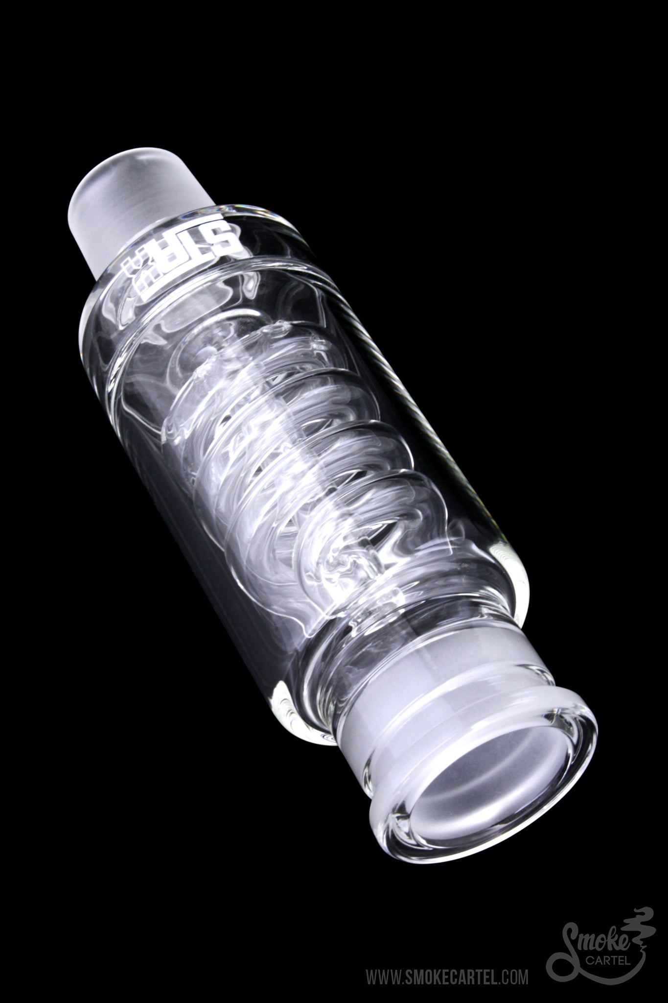 Clear glass bubbler with white swirling patterns, isolated on a black background.