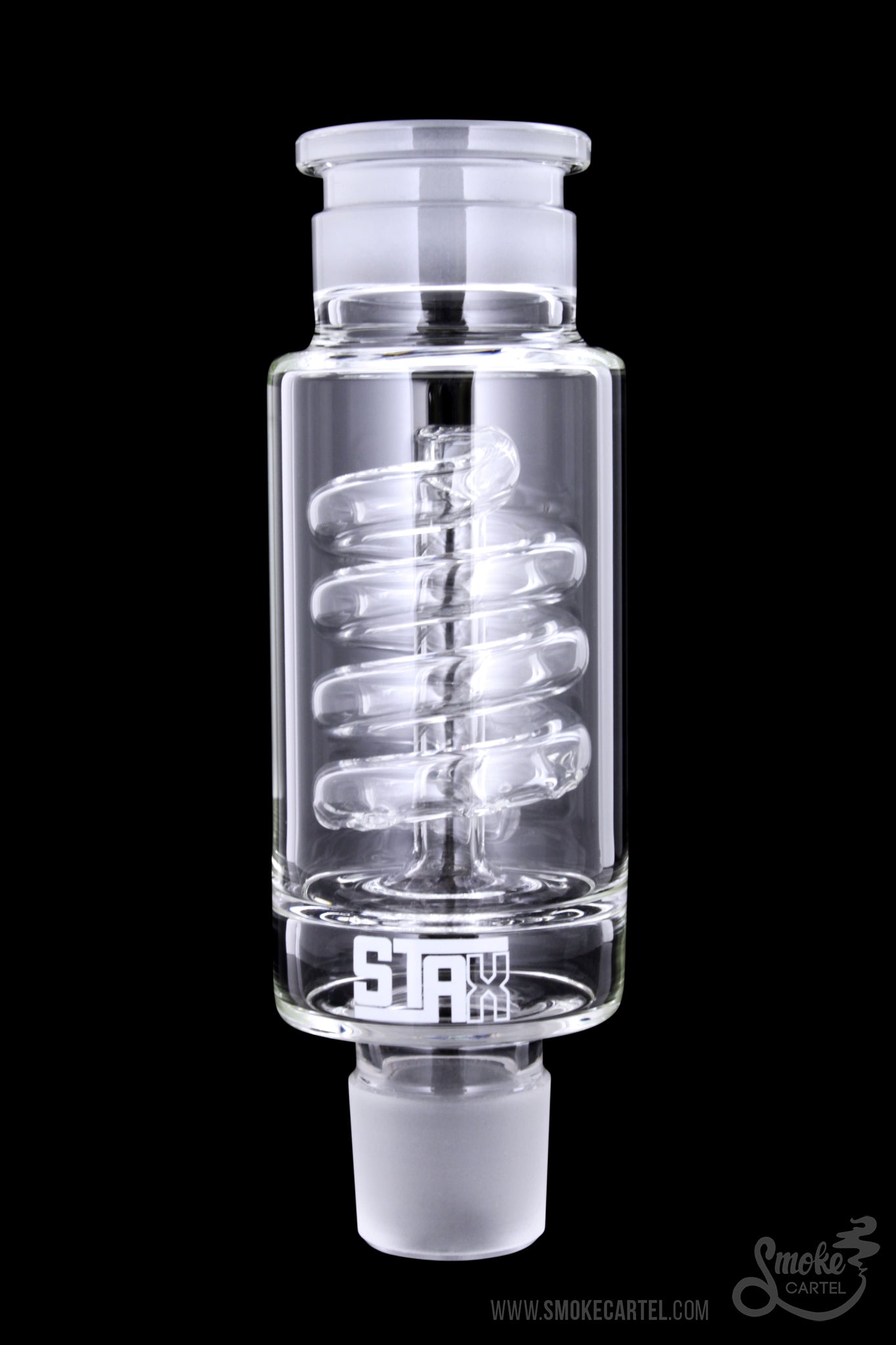 Front view of the GRAV® STAX Coil Perc, a clear glass percolator with a stacked coil design.