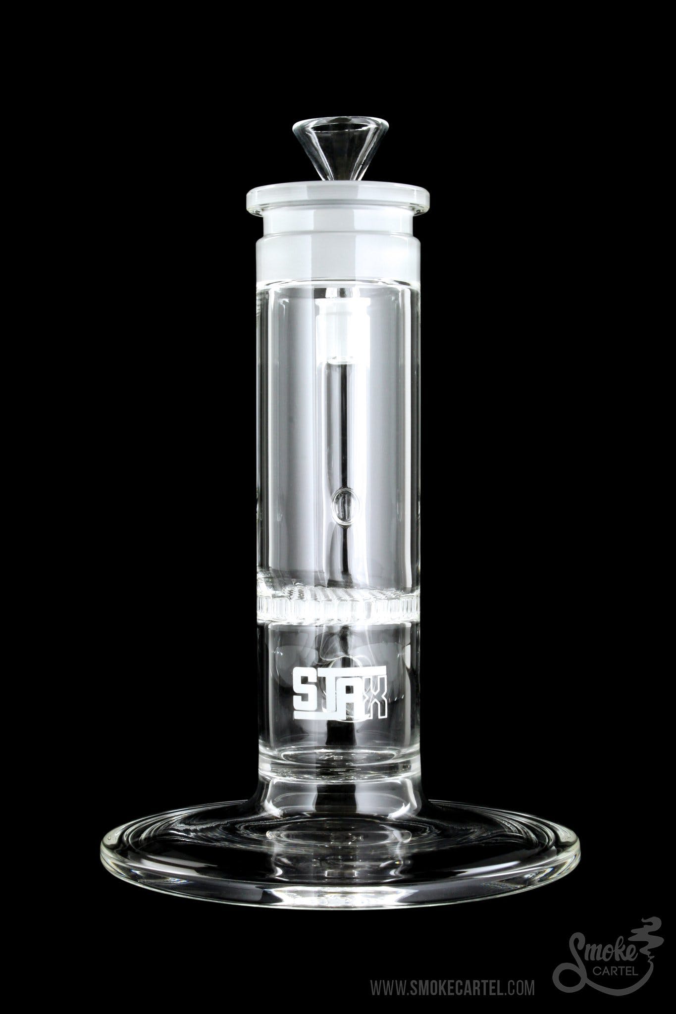 Clear glass bubbler with "STIIIZY" logo, isolated on a black background.