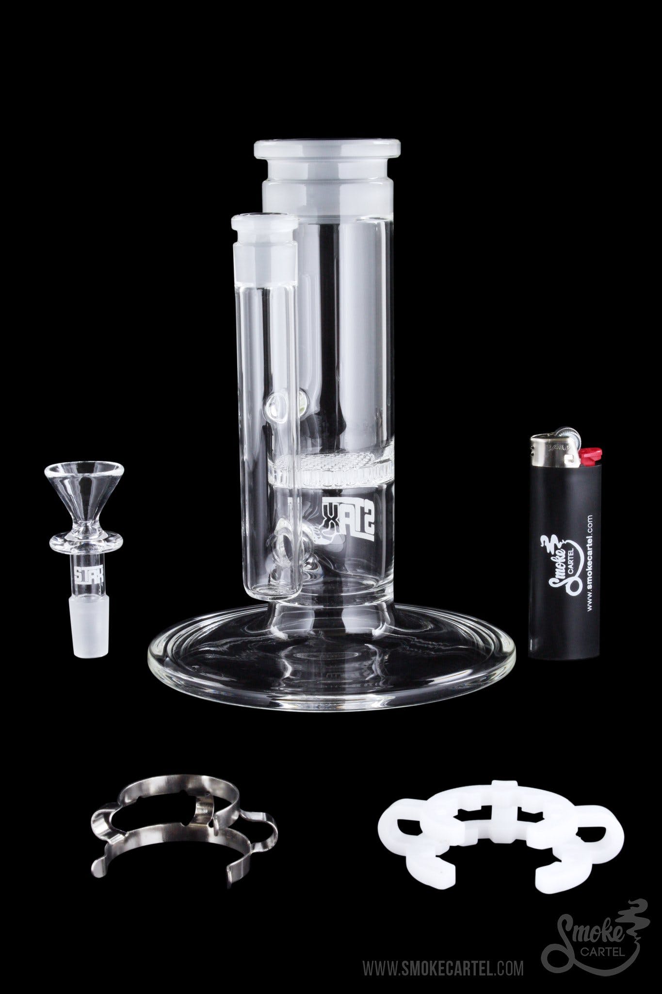 Clear glass water pipe (bong) with detachable downstem, bowl, silicone band, carb cap, and lighter, displayed on a black background.