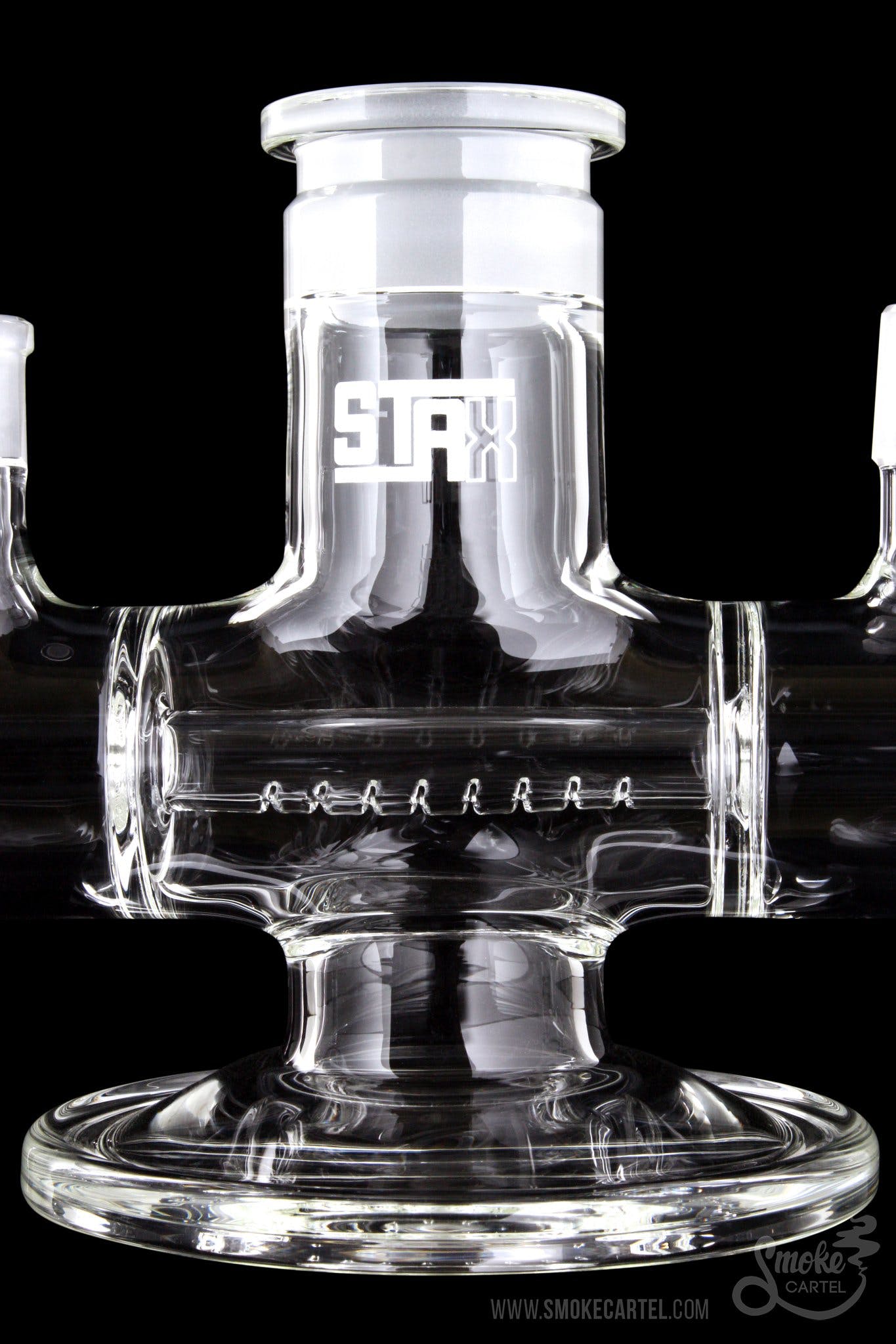 Front view of the GRAV® STAX Dual Action Inline Base, a clear glass piece with a complex geometric arrangement.