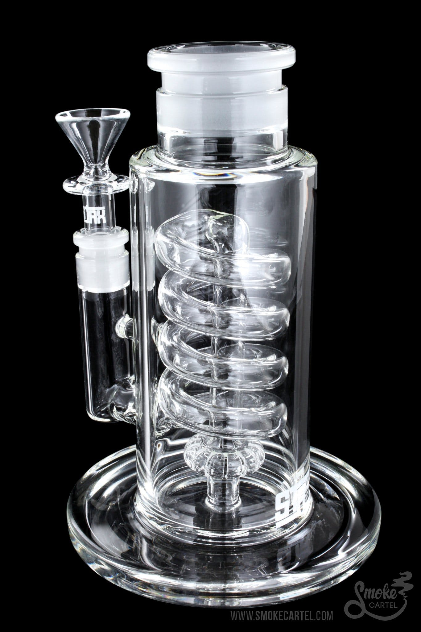 Front view of the GRAV® STAX Flare Base with Coil Showerhead Perc, showcasing its clear glass construction and unique coil perc design.