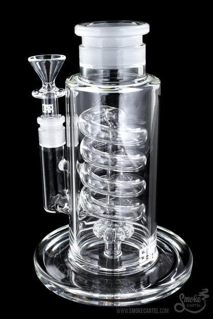 Front view of the GRAV® STAX Flare Base with Coil Showerhead Perc, showcasing its clear glass construction and unique coil perc design.