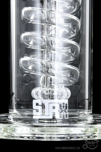 Front view of the GRAV® STAX Flare Base with Coil Showerhead Perc, showcasing its clear glass construction and coiled perc design.