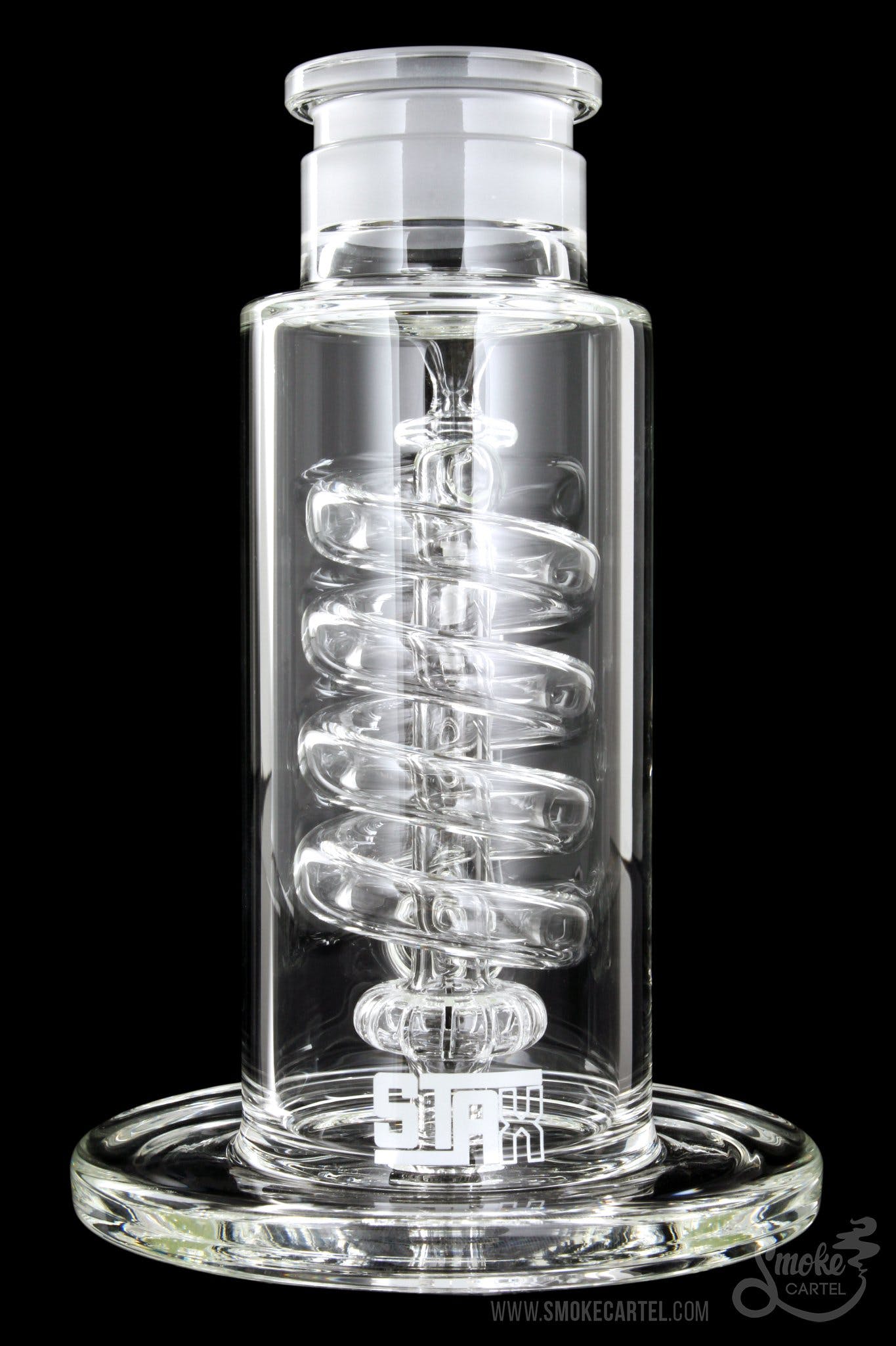 Front view of the GRAV® STAX Flare Base with Coil Showerhead Perc, showcasing its clear glass construction and coiled perc design.