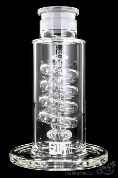 Front view of the GRAV® STAX Flare Base with Coil Showerhead Perc, showcasing its clear glass construction and coiled perc design.