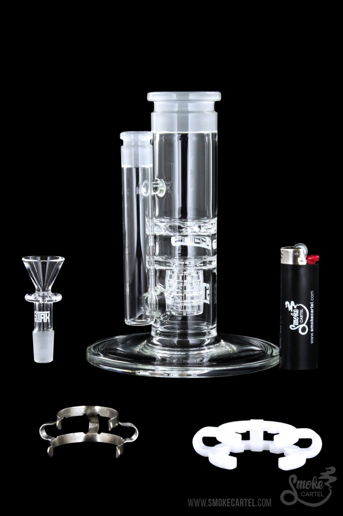 Front view of the GRAV® STAX Flare Stemless Base with Turbine Disc, showcasing its clear glass construction and sleek, modern design.