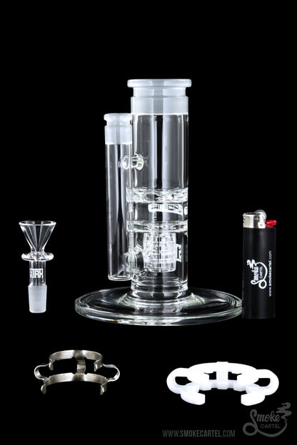 Front view of the GRAV® STAX Flare Stemless Base with Turbine Disc, showcasing its clear glass construction and sleek, modern design.
