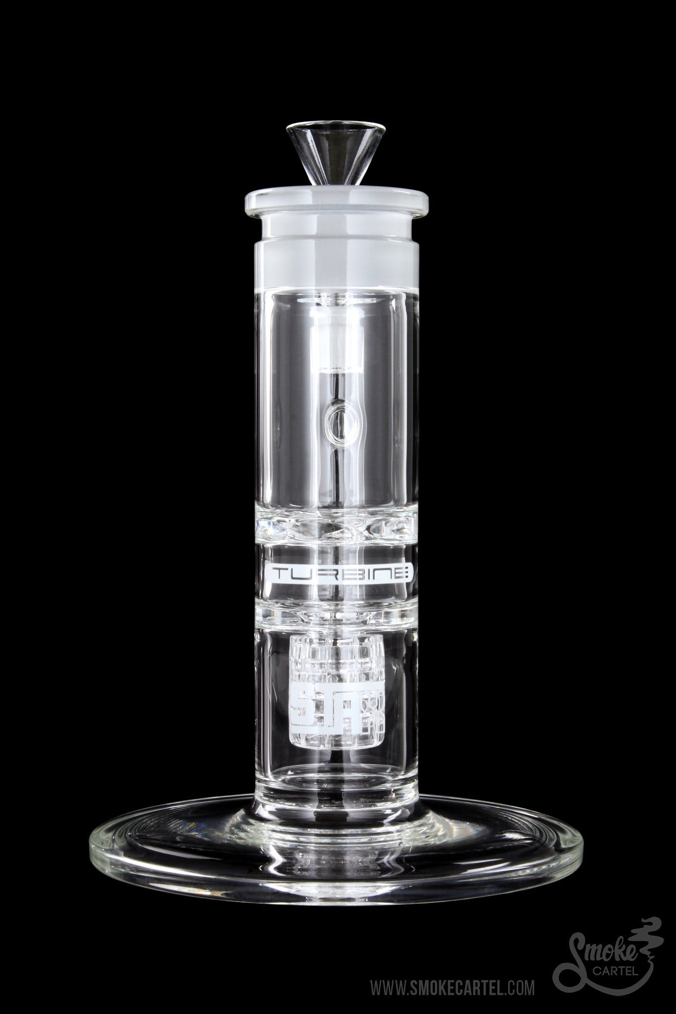 Front view of the GRAV® STAX Flare Stemless Base with Turbine Disc, showcasing its clear glass construction and unique disc detail.