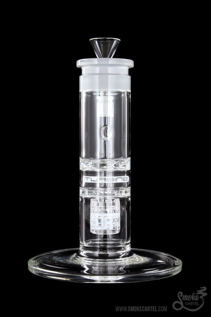 Front view of the GRAV® STAX Flare Stemless Base with Turbine Disc, showcasing its clear glass construction and unique disc detail.
