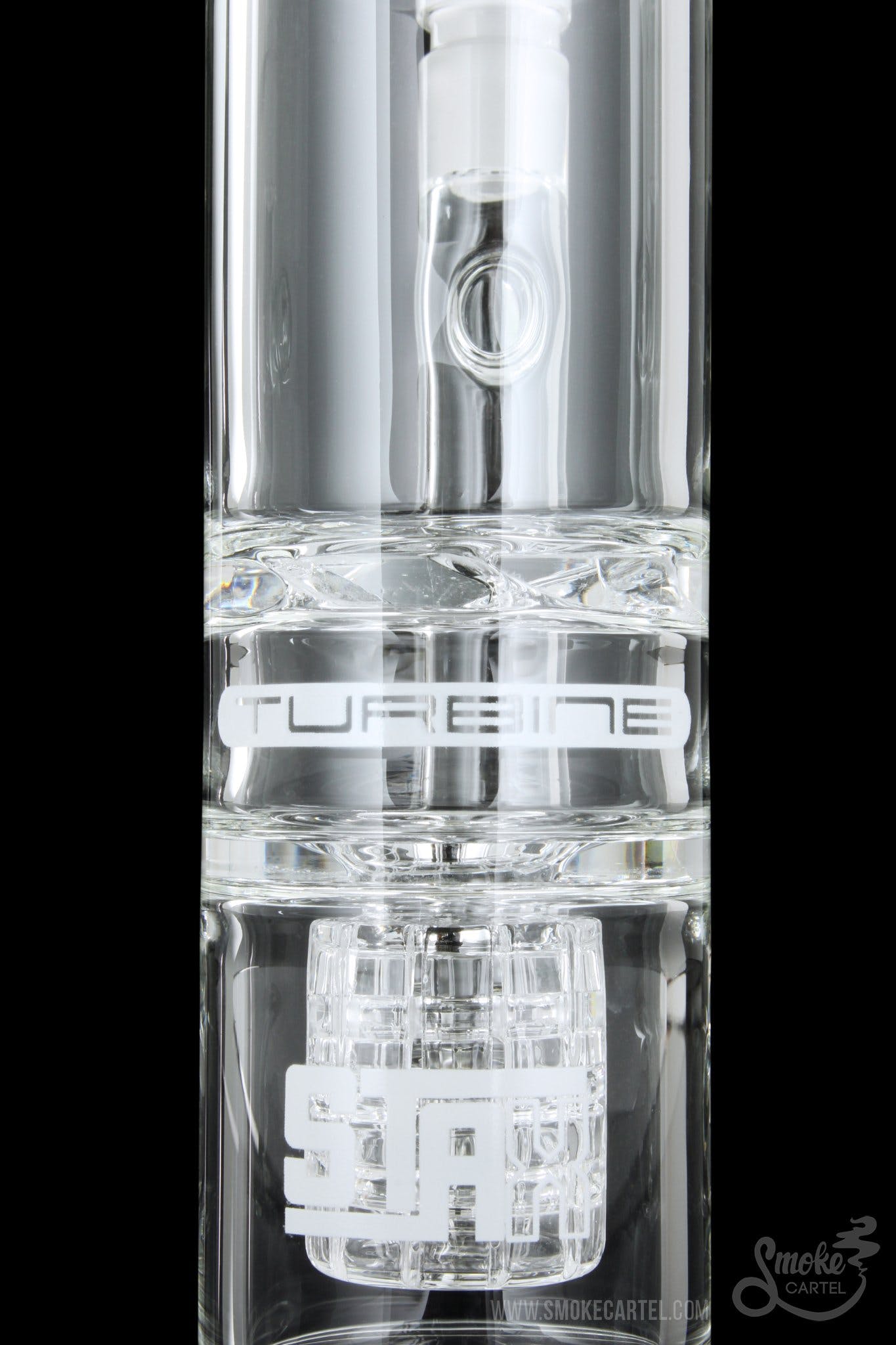 Front view of the GRAV® STAX Flare Stemless Base with Turbine Disc, showcasing its clear glass construction and layered design.