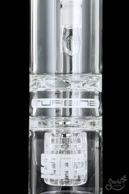 Front view of the GRAV® STAX Flare Stemless Base with Turbine Disc, showcasing its clear glass construction and layered design.