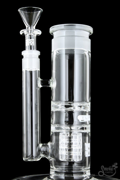 A studio shot of the GRAV® STAX Flare Stemless Base with Turbine Disc, showcasing its clear glass construction and unique turbine disc visible within the base.