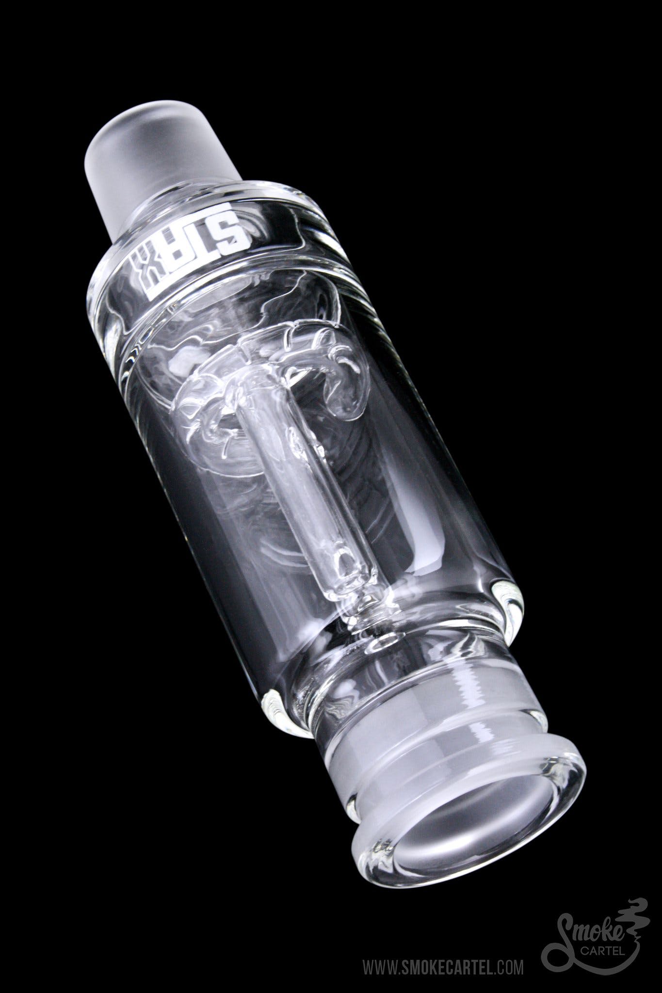 A studio shot of the GRAV® STAX Halo Perc with a clear glass construction and intricate perc detailing visible from a slight angle.