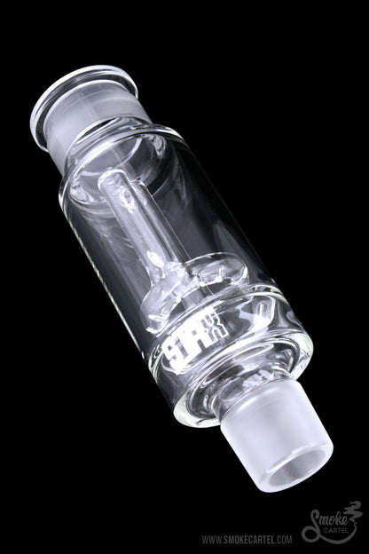 A slightly angled view of the GRAV® STAX Halo Perc, showcasing its clear glass construction and smooth, rounded shape.