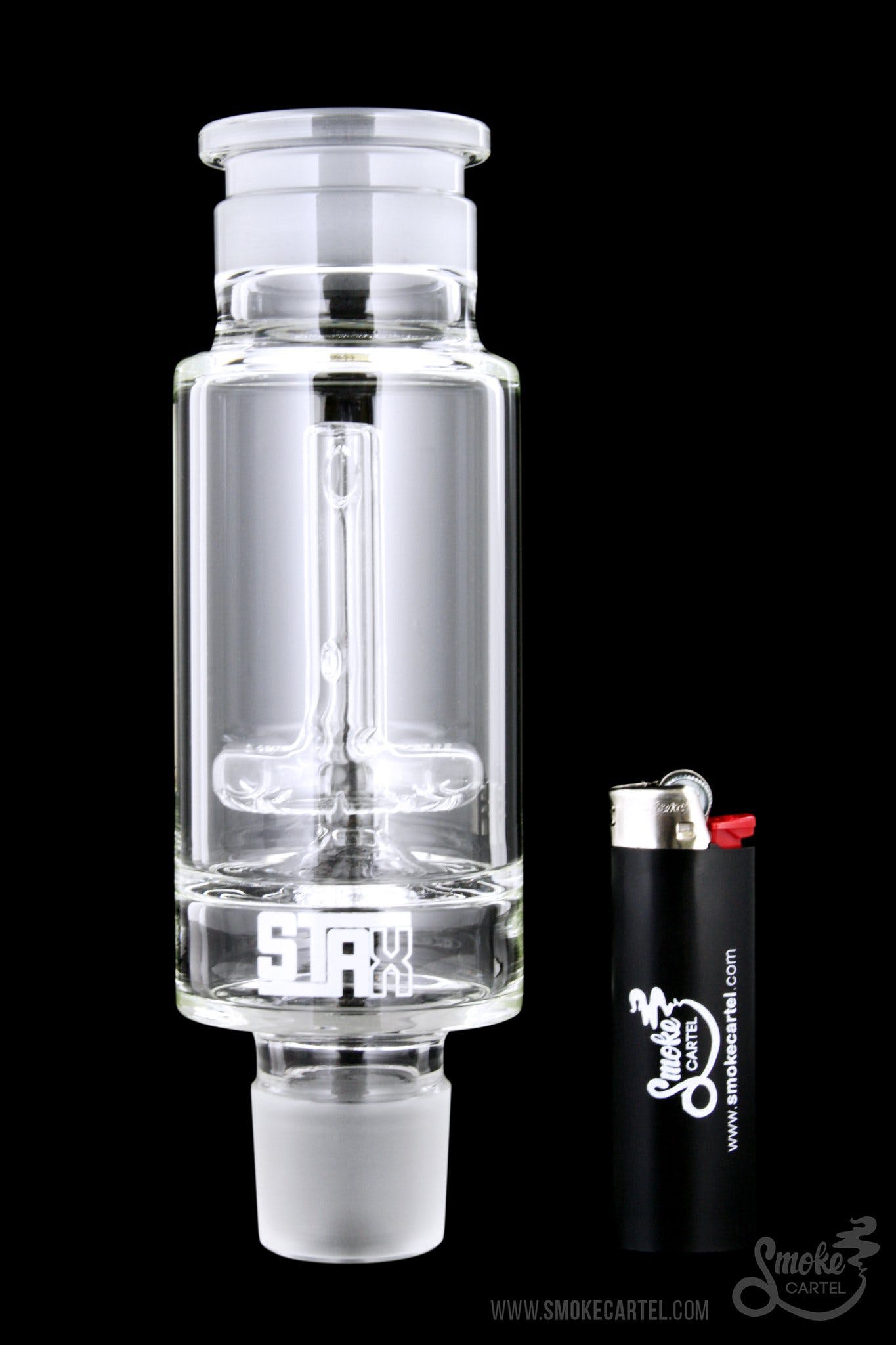A front view of the GRAV® STAX Halo Perc, showcasing the clear glass construction and unique stacked perc design.