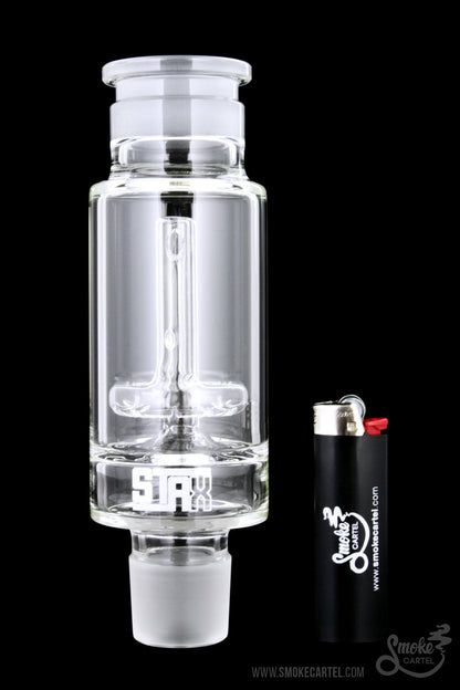 A front view of the GRAV® STAX Halo Perc, showcasing the clear glass construction and unique stacked perc design.