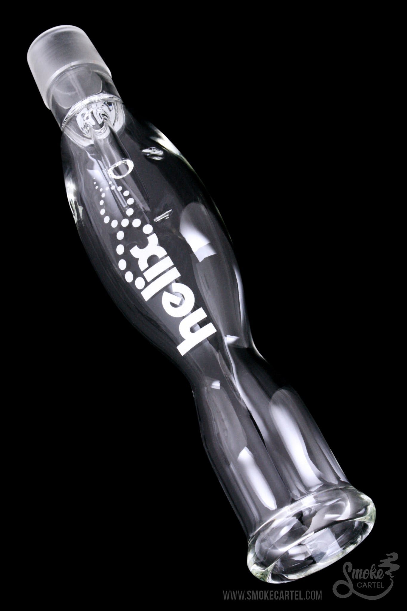 Clear glass bubbler with “helix” printed vertically, against a black background.