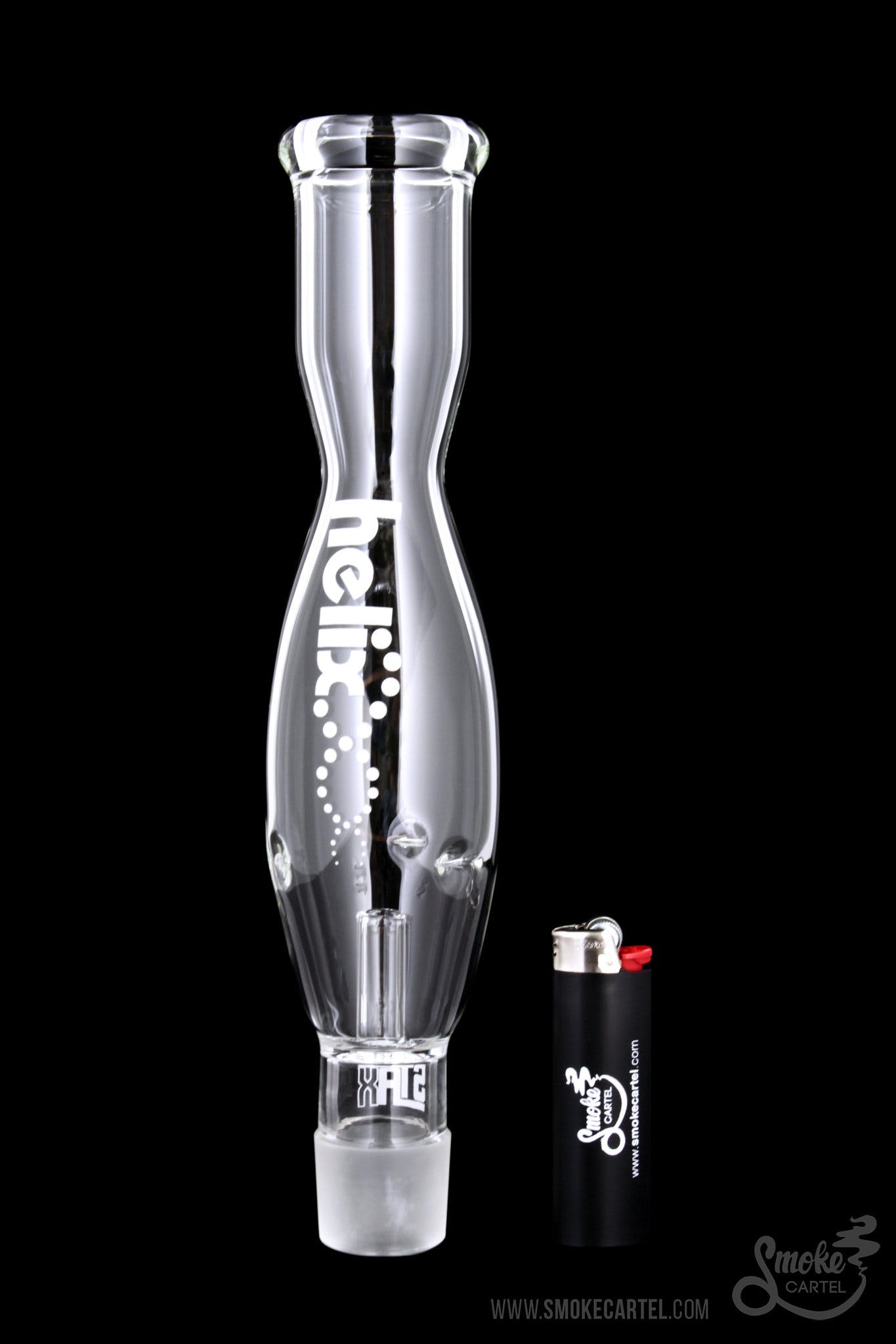 Glass bubbler with “hefty” text and a lighter beside it.