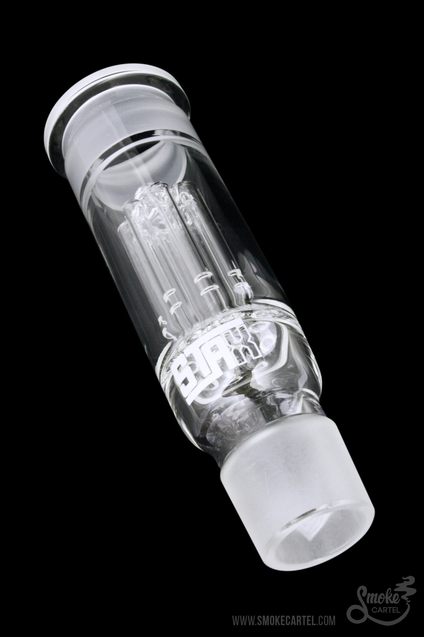 Clear glass bubbler with intricate internal percolator, featuring a branded logo.
