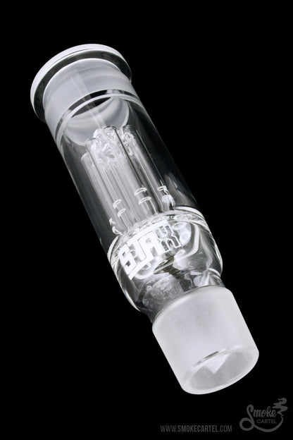 Clear glass bubbler with intricate internal percolator, featuring a branded logo.