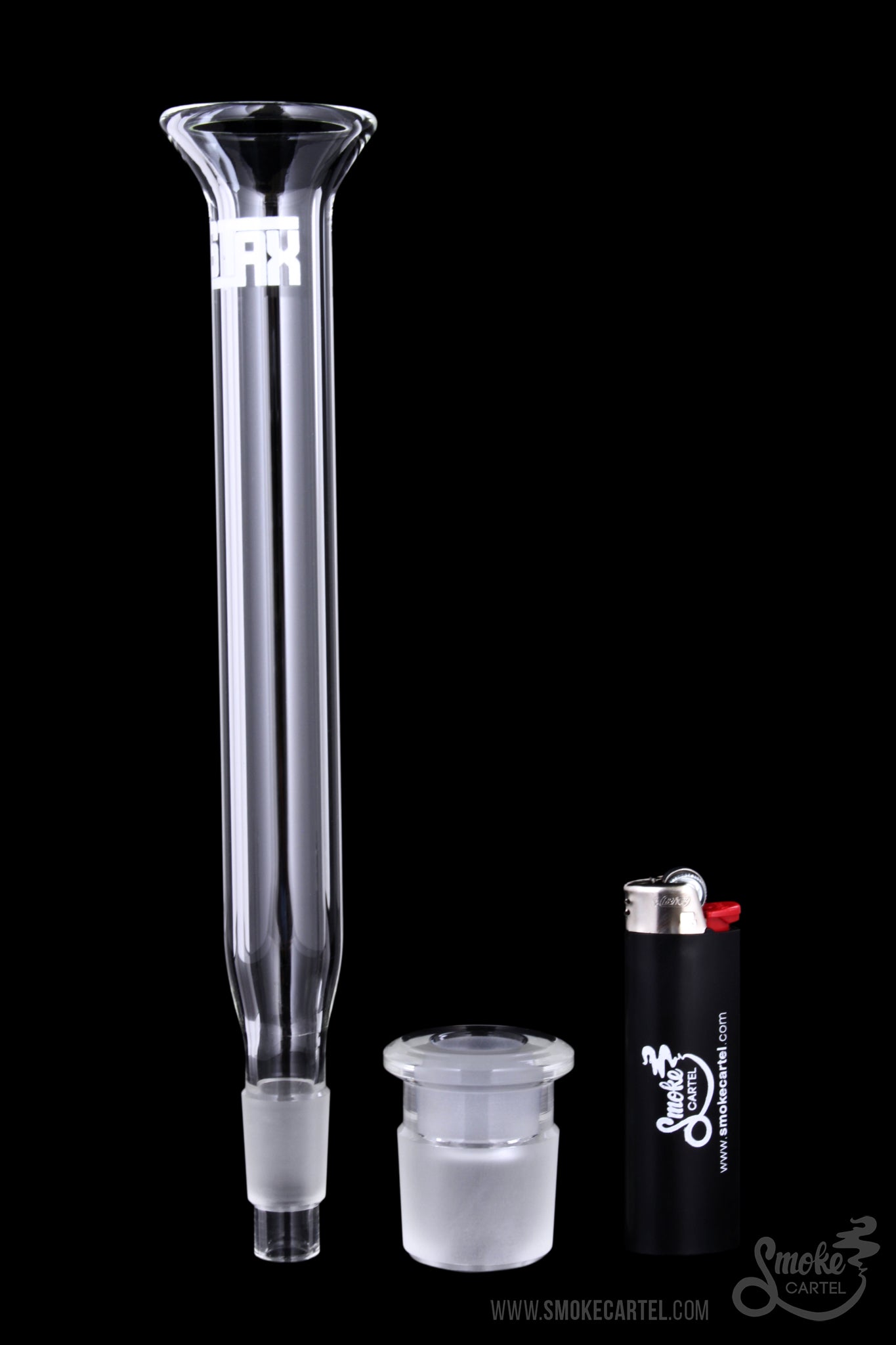 A clear glass, side view of the GRAV® STAX Trumpet Mouthpiece, showcasing its transparent construction and cylindrical shape.