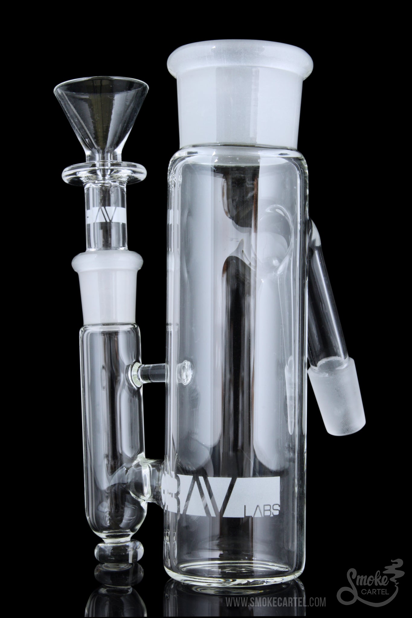 A studio shot of the GRAV® 45 Degree "Phoenix" 14.5mm Ashcatcher, showcasing its clear glass construction and angled design.