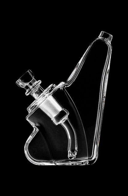 A three-quarter view of the GRAV® Wedge Bubbler, showcasing its clear glass construction and sleek, minimalist design.