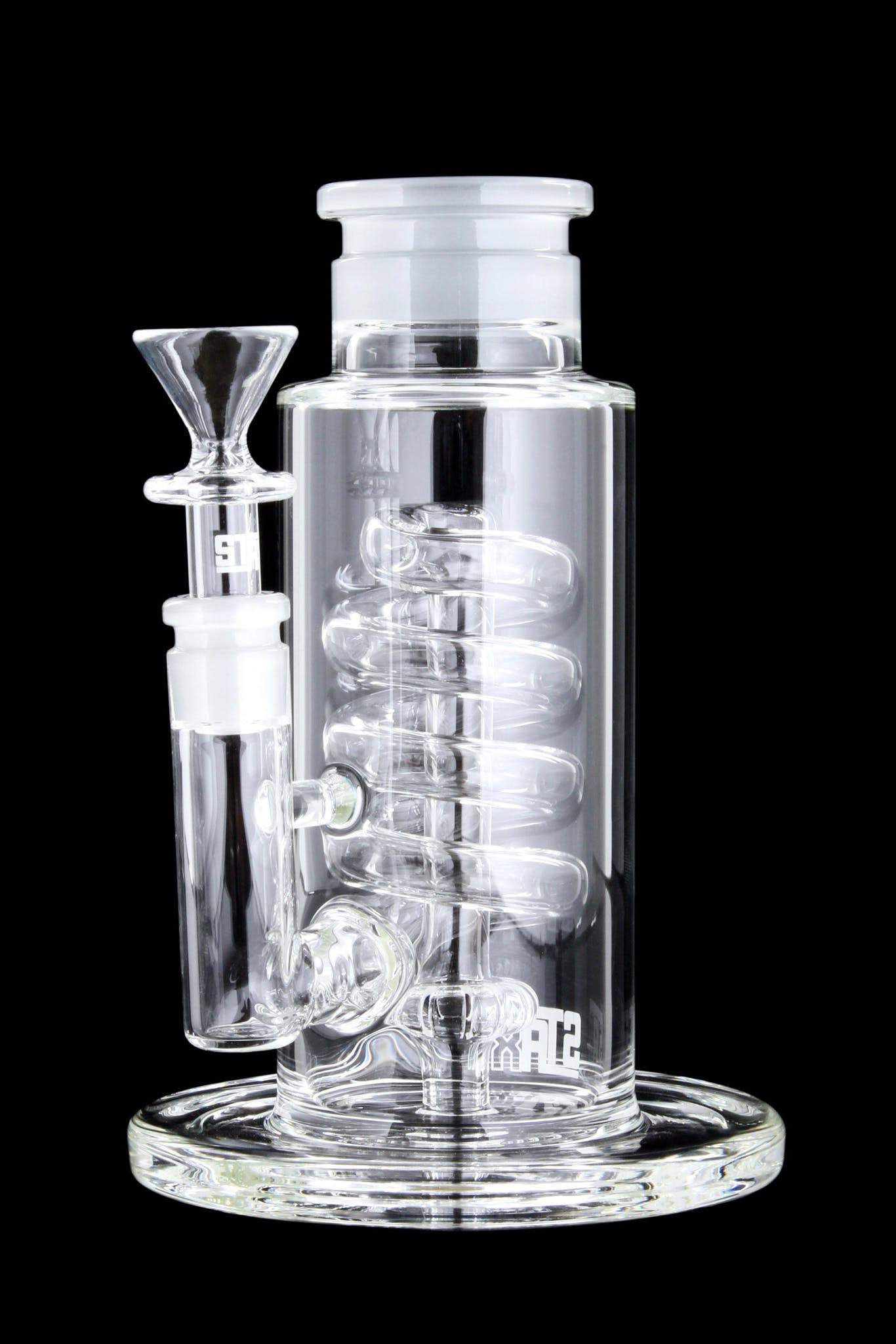 Front view of the GRAV® STAX Flare Base with Coil Showerhead Perc, showcasing its clear glass construction and unique coil perc design.
