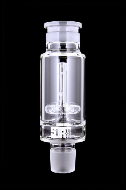 Front view of the GRAV® STAX Halo Perc, a clear glass perc bong with a streamlined, cylindrical shape.