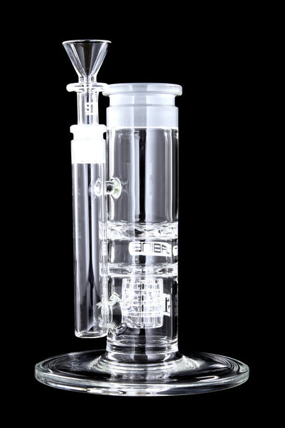 Front view of the GRAV® STAX Flare Stemless Base with Turbine Disc, showcasing its clear glass construction and minimalist design.