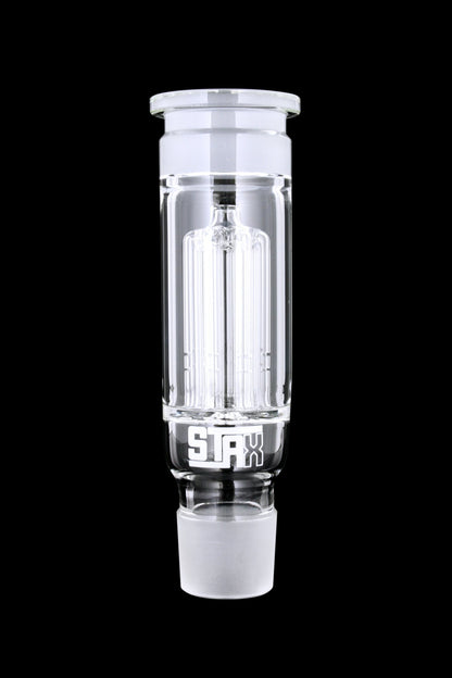 A detailed side view of the GRAV® STAX Tree Perc, showcasing its clear glass construction and intricate perc design.