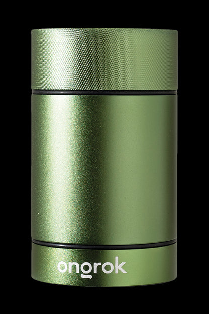Emerald green, airtight cannabis storage container with "onrok" logo.