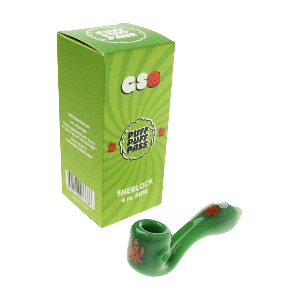 A close-up shows the “Puff Puff Pass “Girl Scout Cookies” Strain Pipe, a curved glass piece with visible branding details.