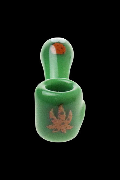 Front view of the "Puff Puff Pass "Girl Scout Cookies" Strain Pipe", a green glass pipe with a curved design against a dark background.